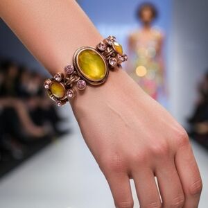 Pink copper Aurora borealis pink and yellow rhinestone link bracelet fashion